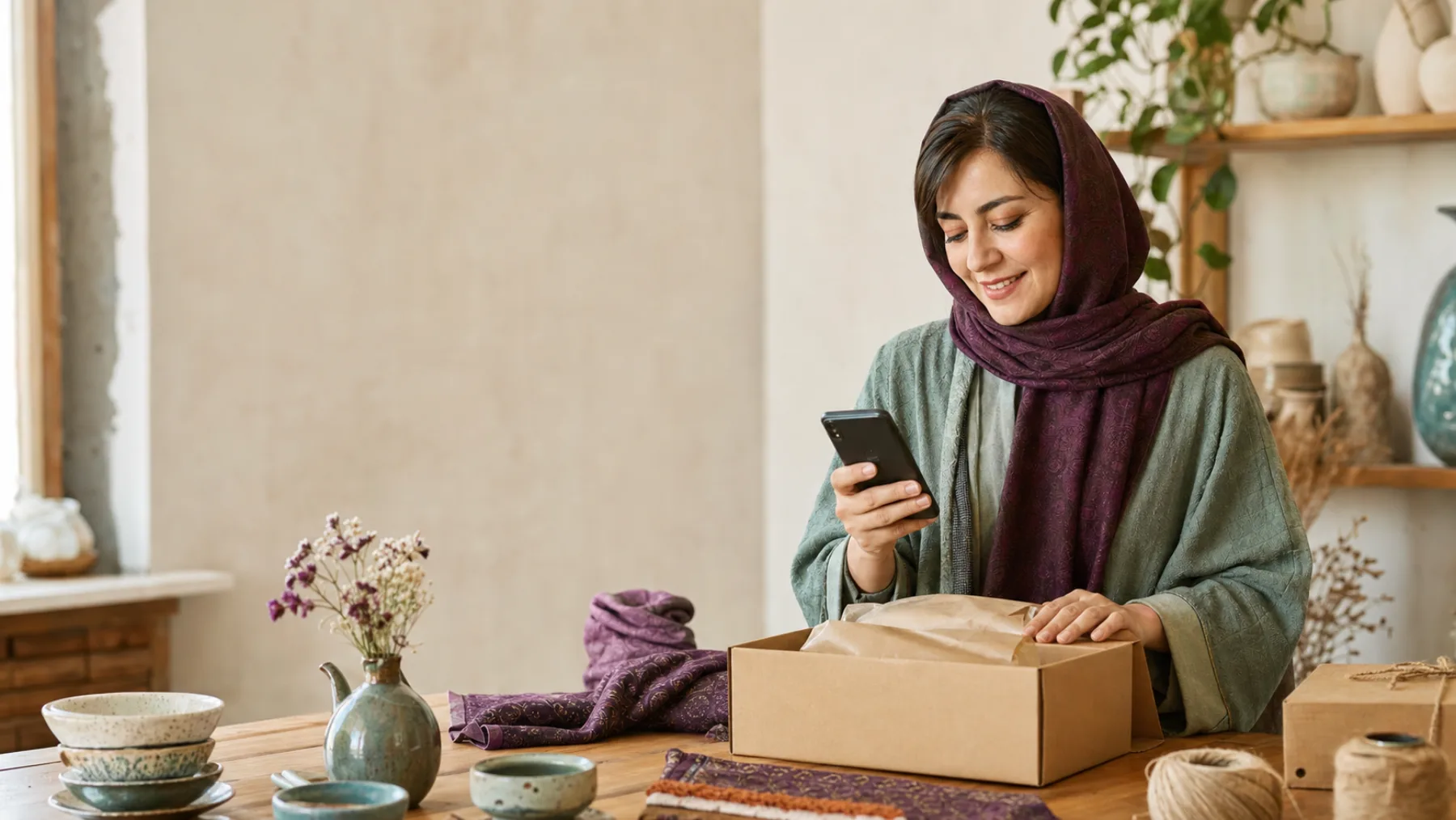 فروشنده‌ای که با گوشی سفارش فروشگاه خود را آماده می‌کند
