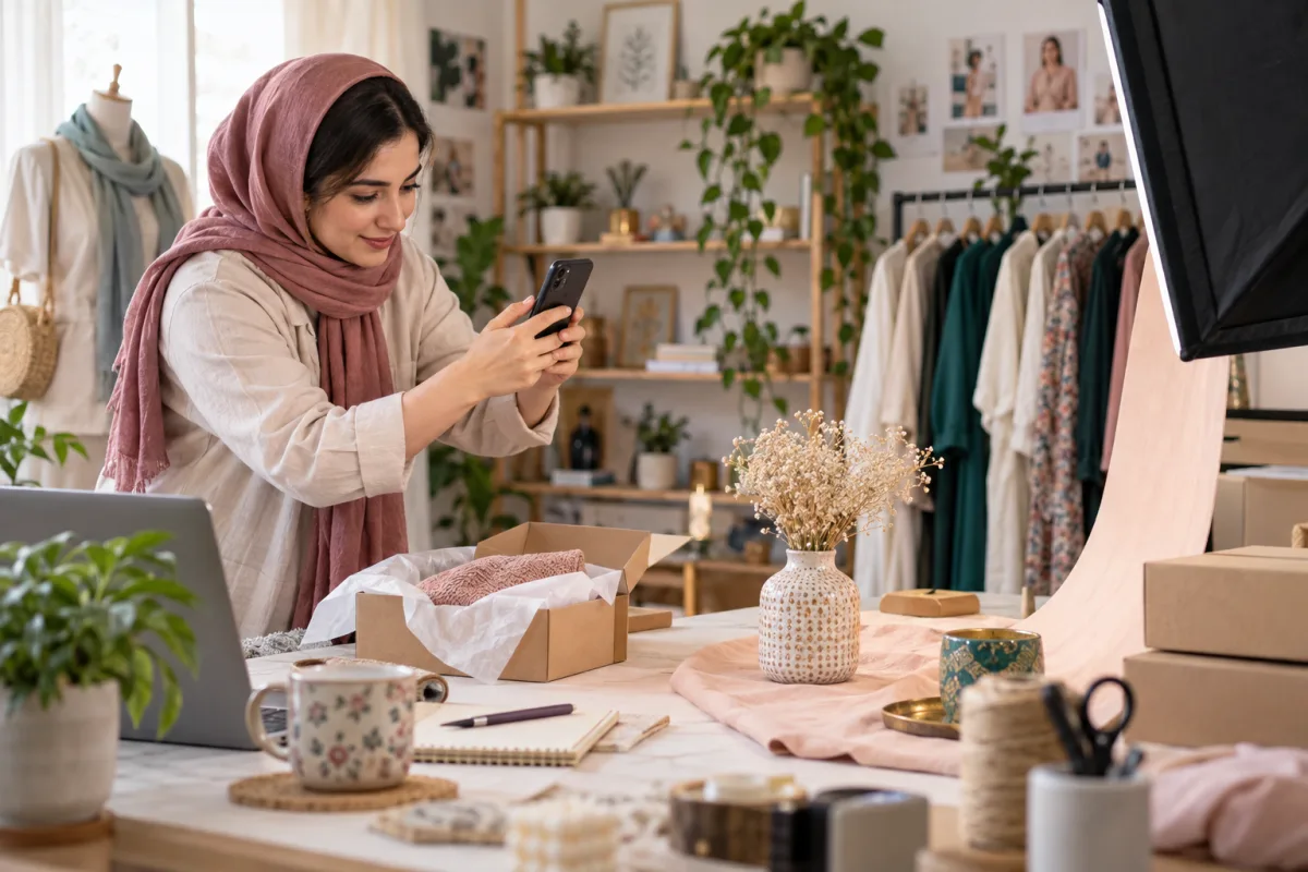 فروشنده اینستاگرامی در حال عکاسی و بسته‌بندی محصول