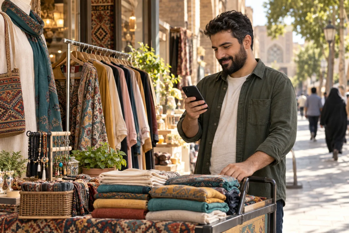 دست‌فروش پوشاک و وسایل تزئینی در حال مدیریت سفارش با گوشی